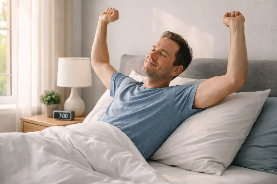 Person waking up refreshed after sleep improvement from assessment.