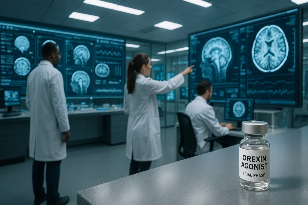 Futuristic lab researching orexin agonists and gene therapies for narcolepsy treatment.