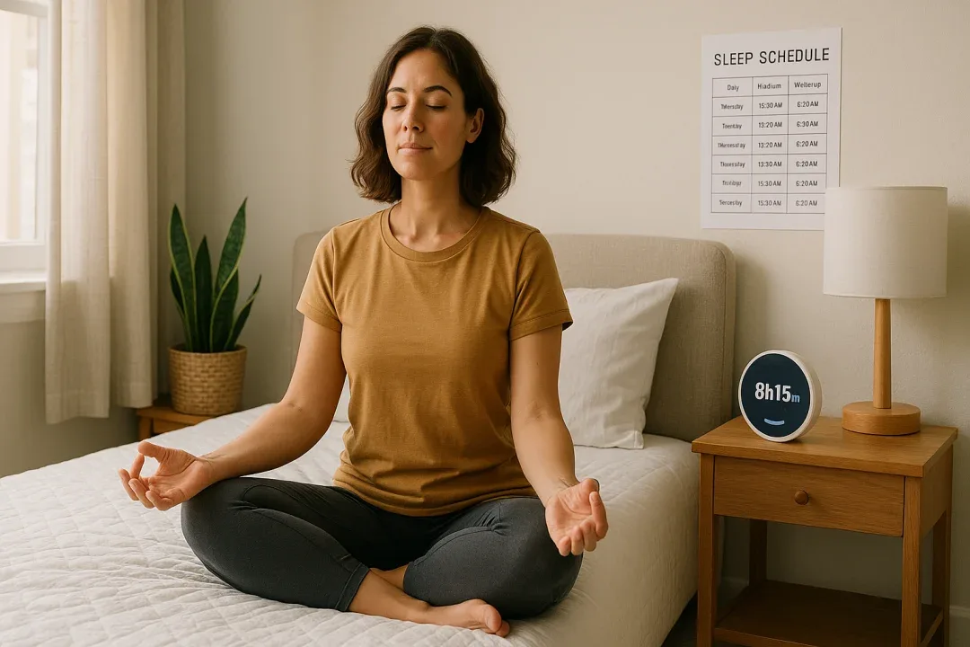 Person using lifestyle strategies like meditation and sleep tracking to manage narcolepsy naturally.