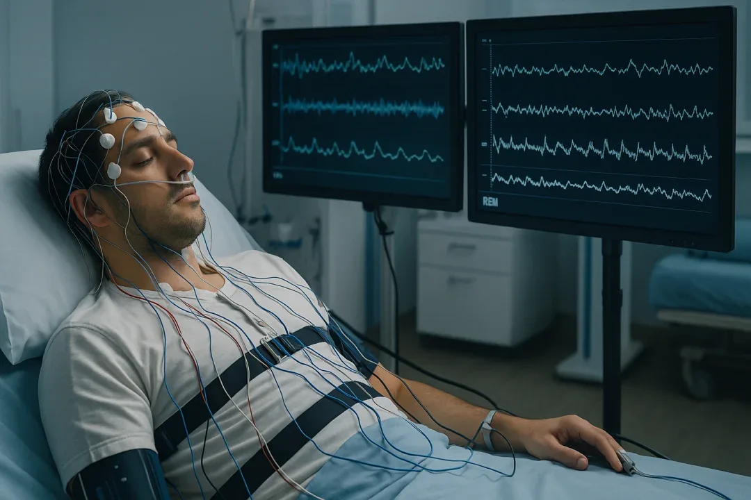 Patient undergoing polysomnography and MSLT tests in a sleep clinic to diagnose narcolepsy.