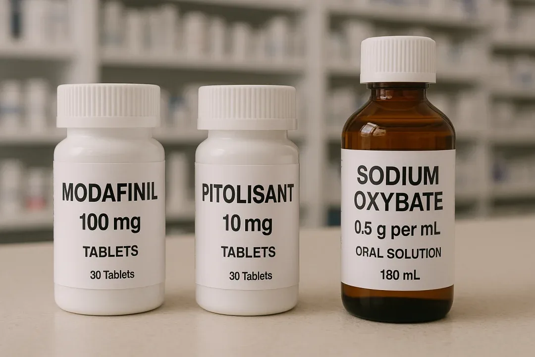 Narcolepsy medications including modafinil and sodium oxybate for managing sleep disorder symptoms.