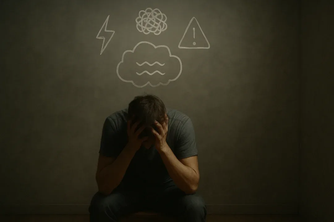 Individual experiencing depression and cognitive fatigue due to narcolepsy-related brain fog and stress.