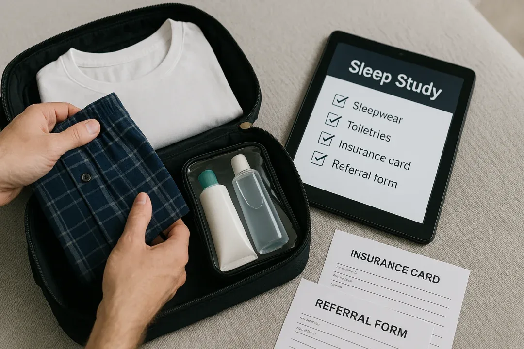 Person preparing essentials for a sleep assessment with checklist on screen.