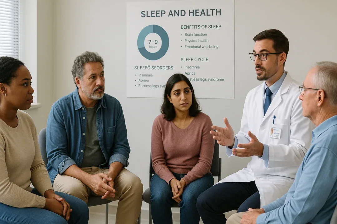 People discussing sleep assessments with a specialist in a clinical setting.