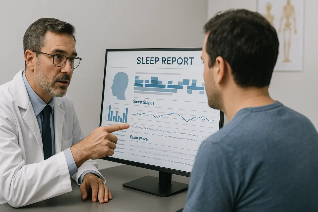 Sleep specialist reviewing test results with a patient in a clinical setting.