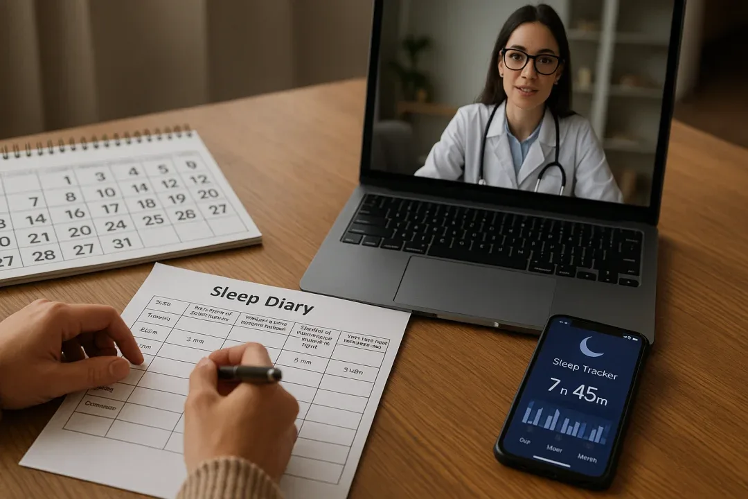 Person documenting sleep symptoms and preparing for narcolepsy diagnosis through telehealth and sleep logs.