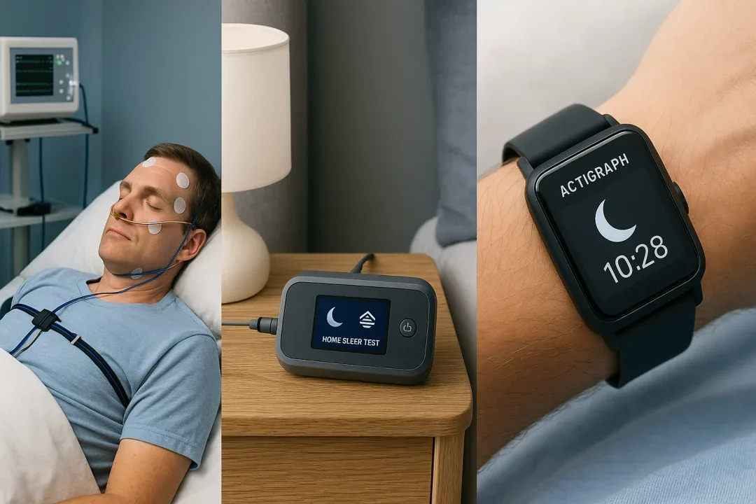 Polysomnography setup, home sleep test kit, and wearable sleep tracker shown side-by-side.